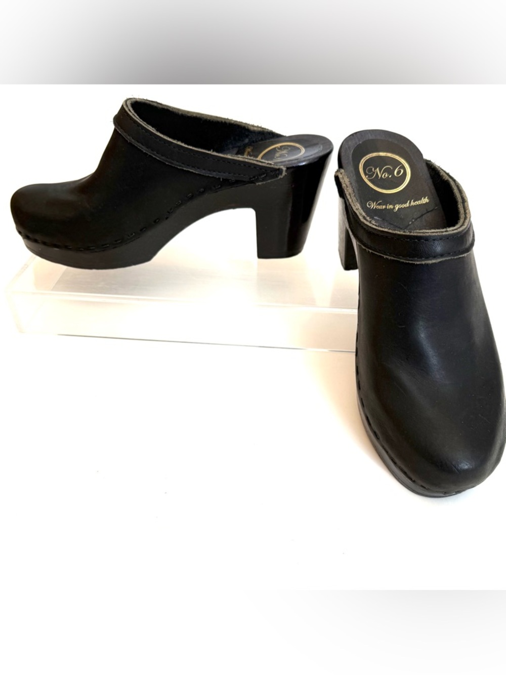 No. 6 Black Leather Clogs Sz 38